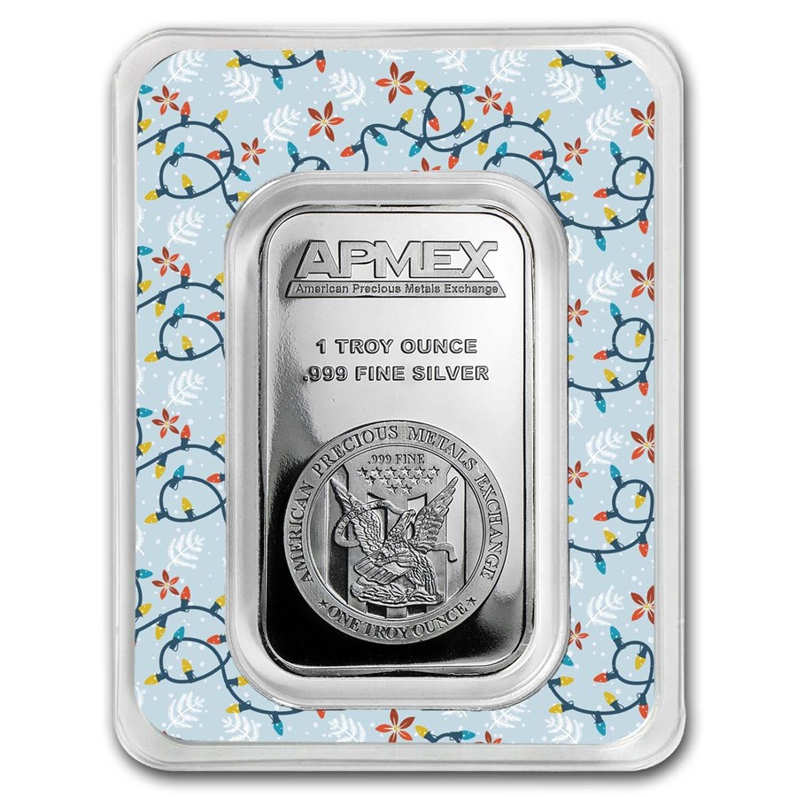 1 oz Silver Bar - APMEX (w/Festive Holiday Lights Card, In TEP)