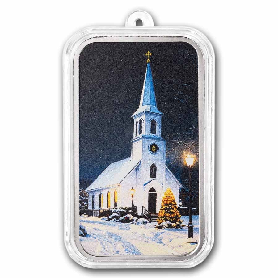 1 oz Silver Colorized Bar - Church Steeple at Night in the Snow