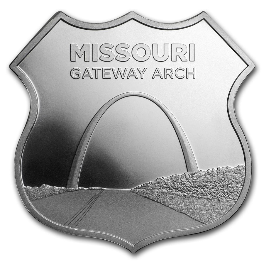1 oz Silver - Icons of Route 66 Shield (Missouri Gateway Arch)