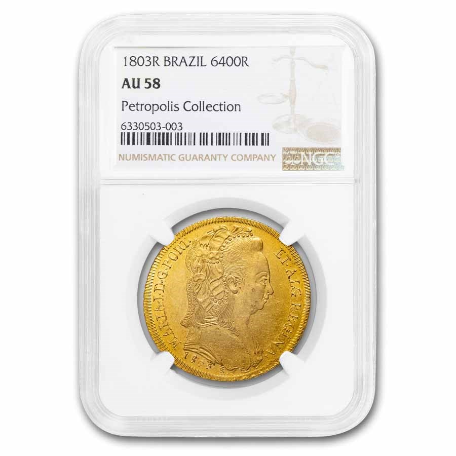 1803-R Brazil Gold 6400 Reis Maria I AU-58 NGC