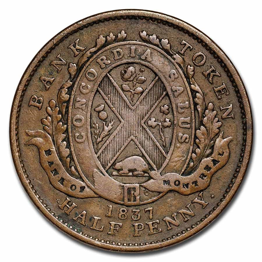 1837 Canada Bank of Montreal Half Penny Bank Token Avg Circ