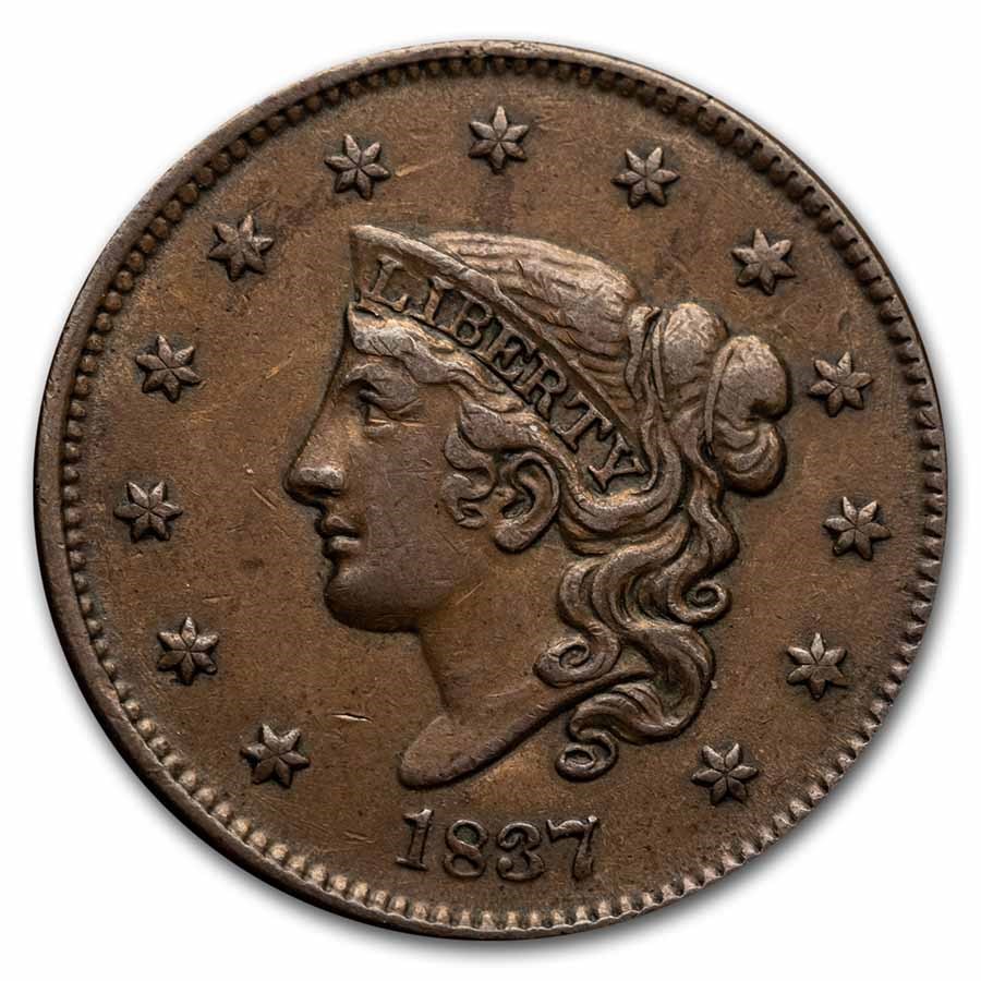 1837 Large Cent Plain Cord, Medium Letters XF