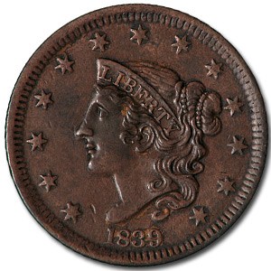 1839 Large Cent Head of 1838 XF