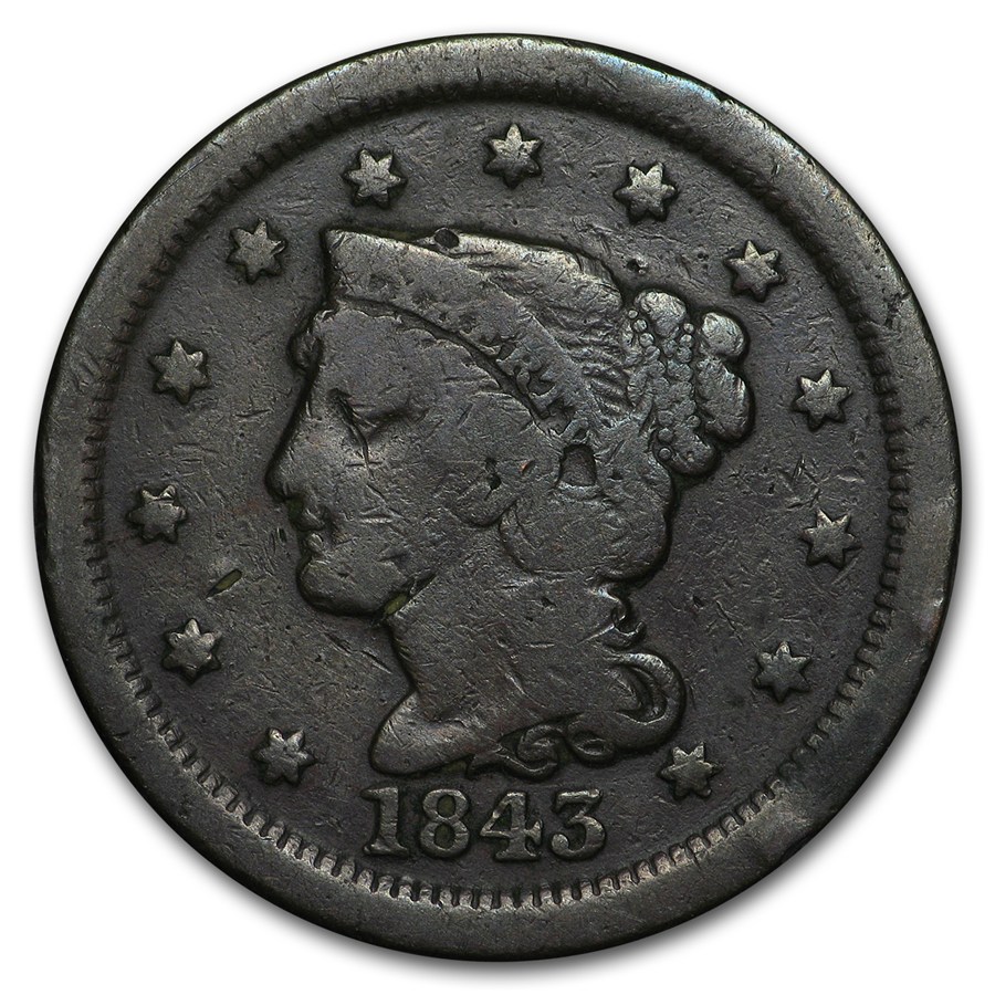 1843 Large Cent Mature Head, Lg Letters VF