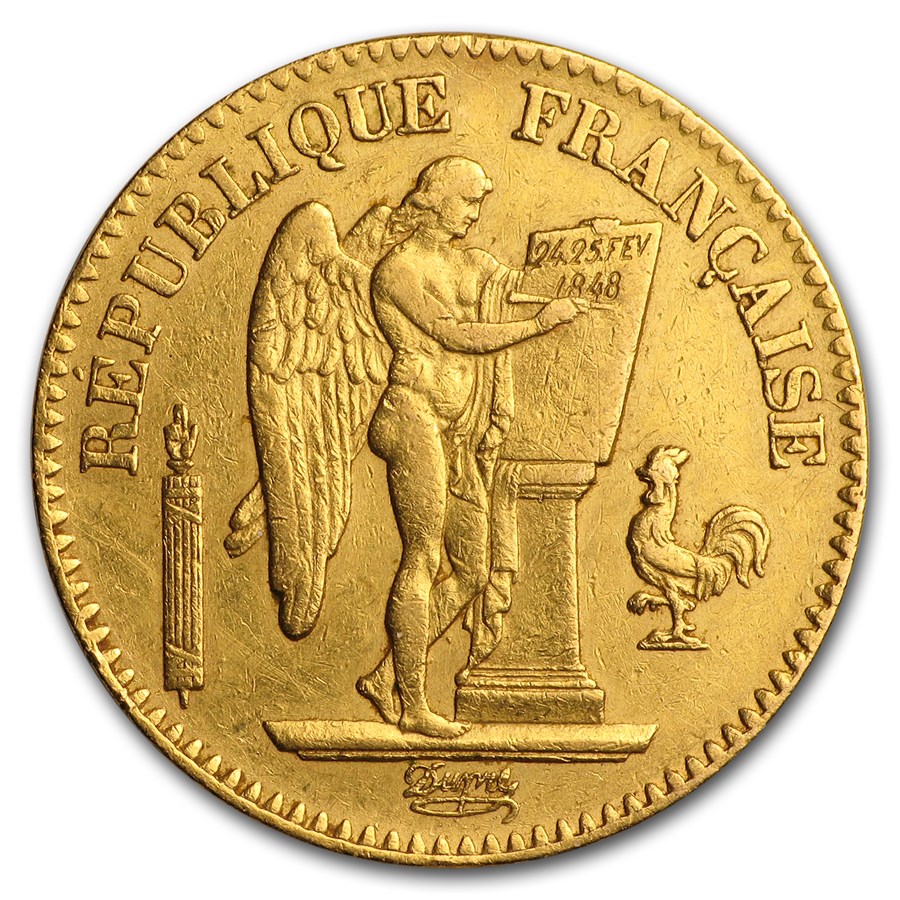 1848-1849 France Gold 20 Francs Lucky Angel AU