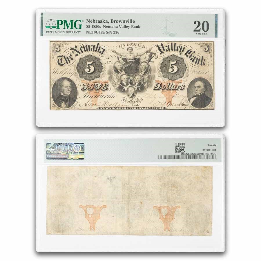 1850s $5 Nemaha Valley Bank Brownville, NE VF-20 PMG (NE10G12a)