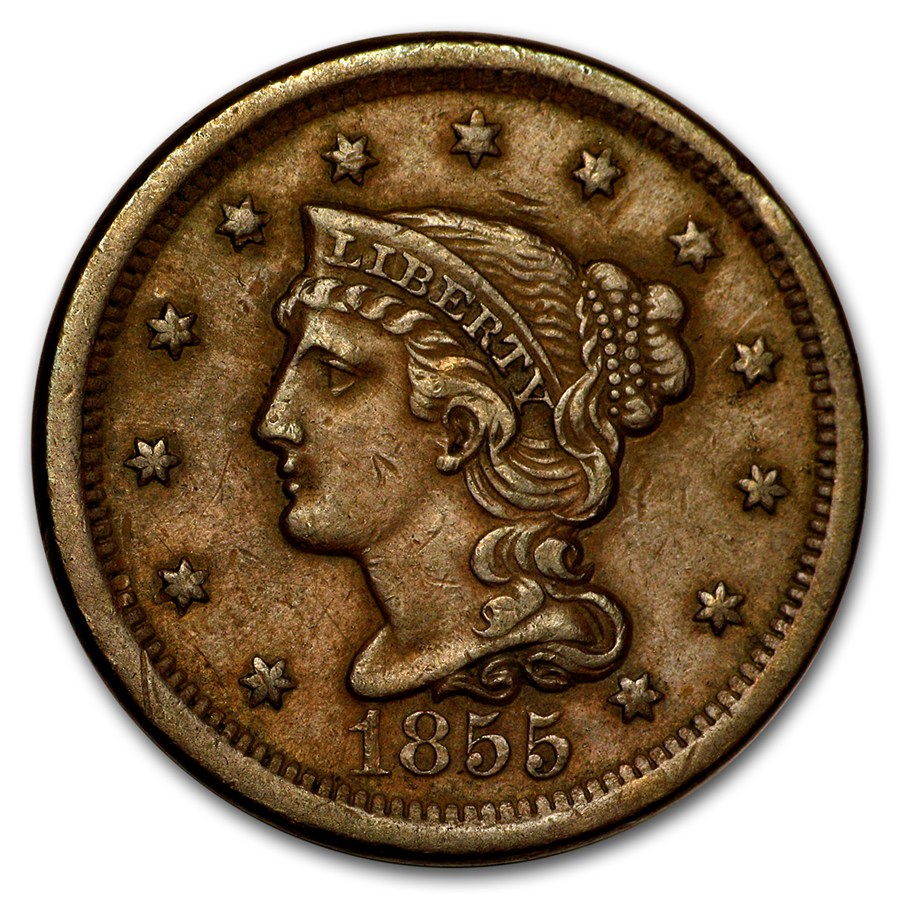 1855 Large Cent Upright 5's AU