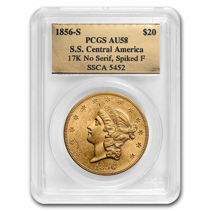 1856-S $20 Liberty Gold SS Central America AU-58 PCGS (No Serif)