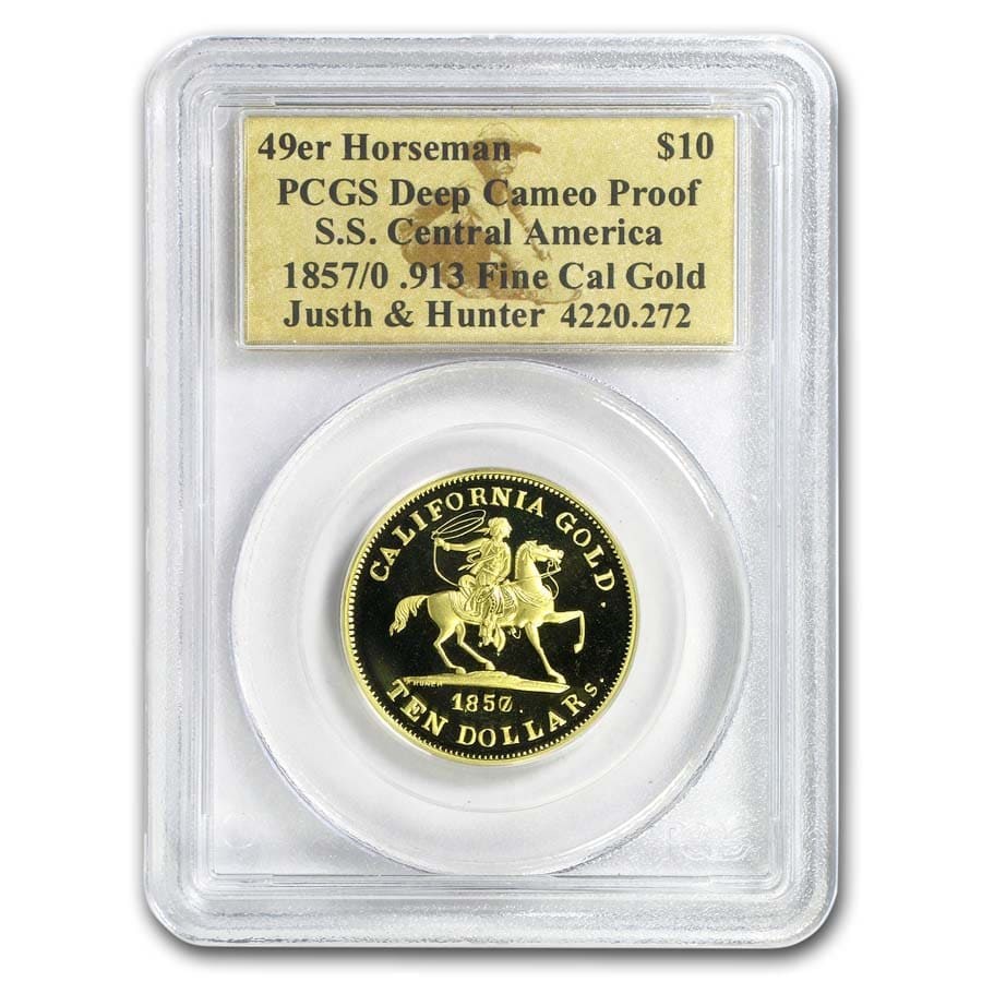 1857/0 $10 49er Horseman .913 Fine Cal Gold PCGS