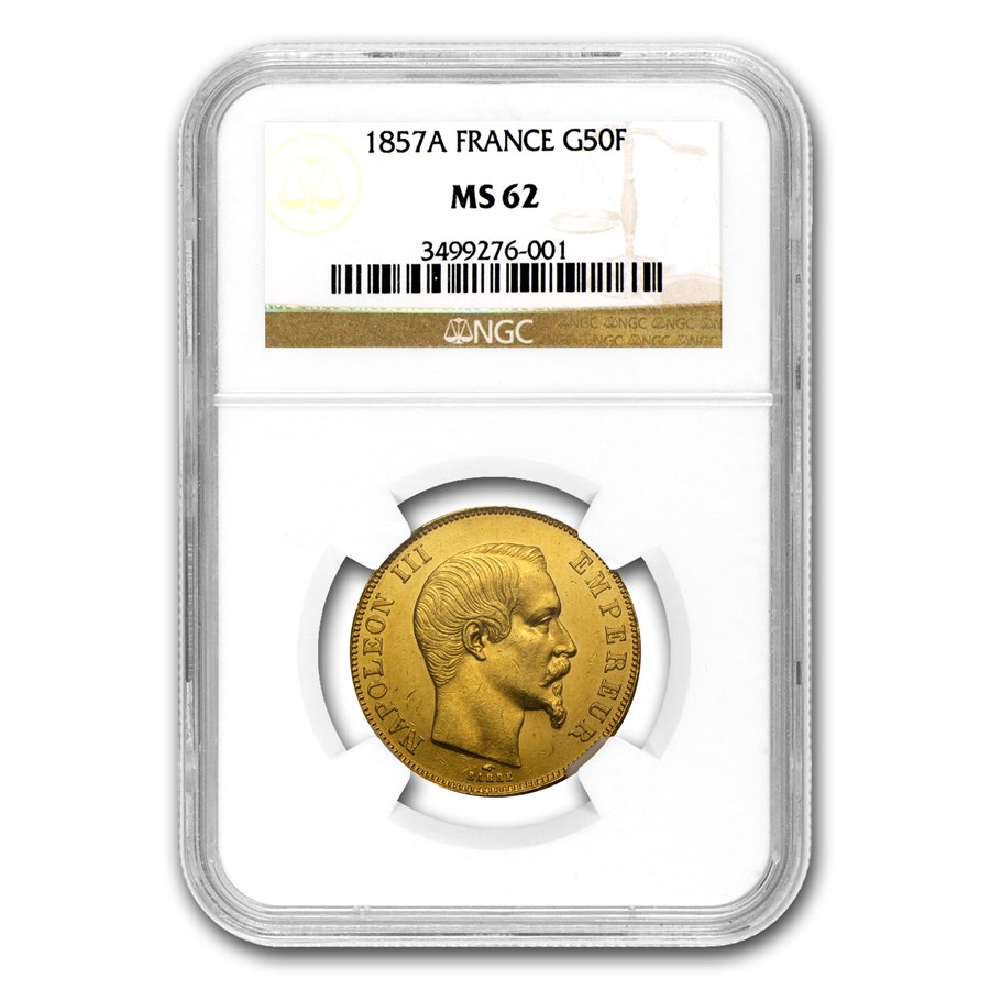 1857-A France Gold 50 Francs Napoleon III MS-62 NGC