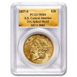 1857-S $20 Lib Gold SS Central America 20A MS-64 PCGS