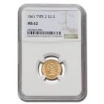 1861 $2.50 Liberty Gold Quarter Eagle Type 2 MS-62 NGC