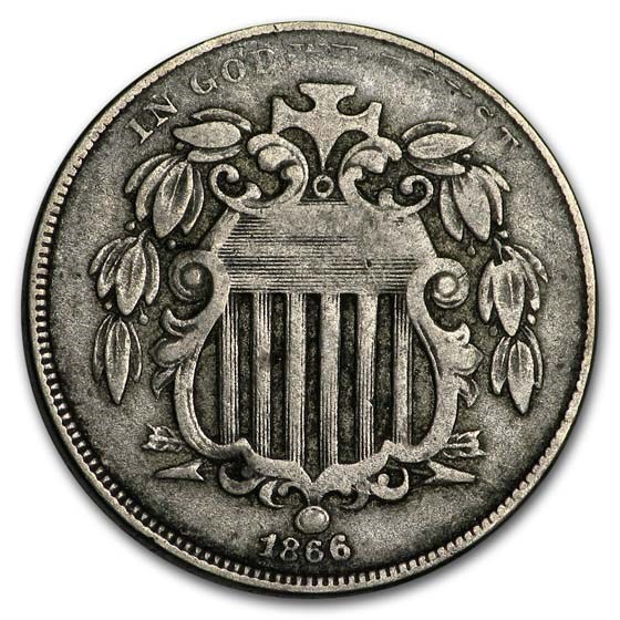 1866 Shield Nickel w/Rays Fine