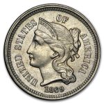 1869 3 Cent Nickel AU