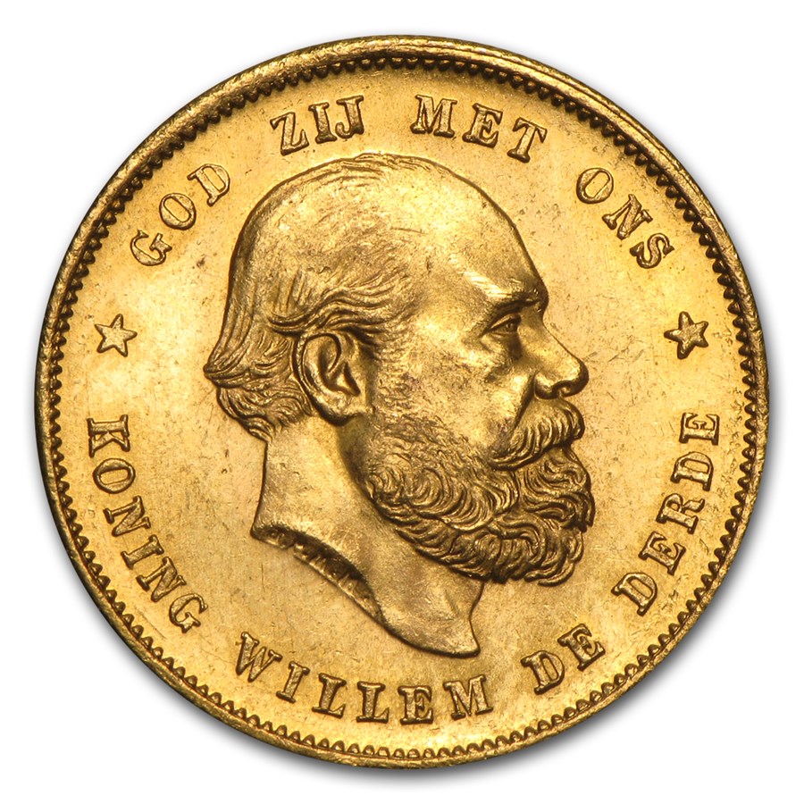 1875-1889 Netherlands Gold 10 Gulden Willem III Avg Circ
