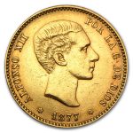1876-1880 Spain Gold 25 Pesetas Alfonso XII Avg Circ