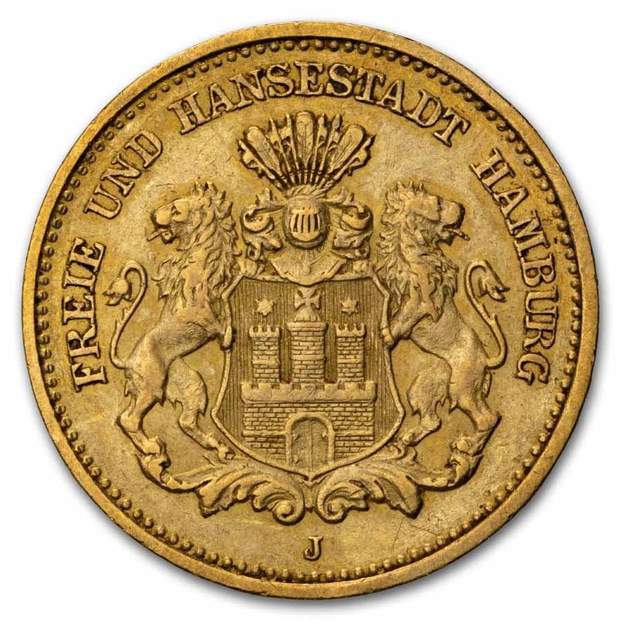 1877-J German States Gold 5 Mark Hamburg XF