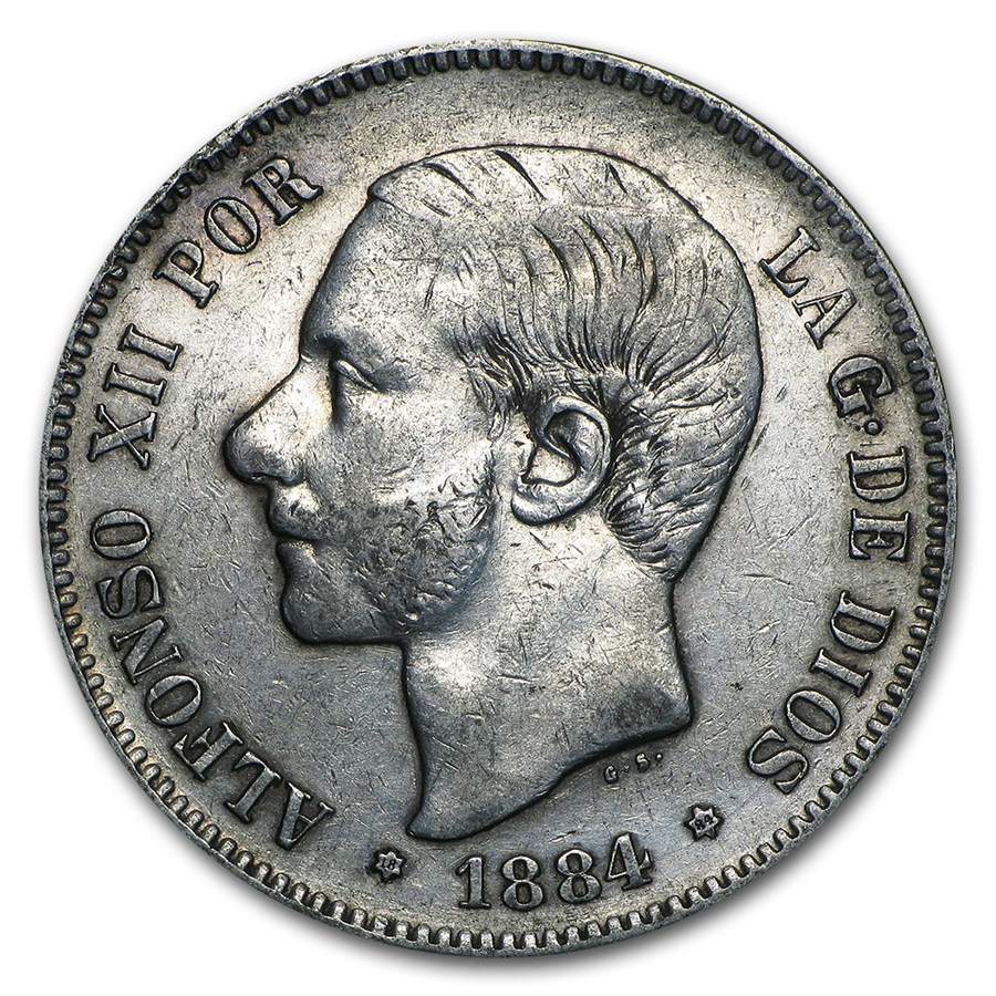 1882-1885 Spain Silver 5 Pesetas Avg Circ