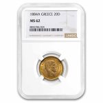 1884-A Greece Gold 20 Drachmai George I MS-62 NGC