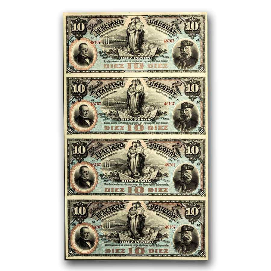 1887 Uruguay 10 Pesos 4 Uncut Sheet