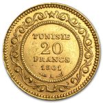 1891-1904 Tunisia Gold 20 Francs Average Circ