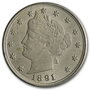1891 Liberty Head V Nickel AU