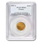 1893-A France Gold 20 Francs Angel MS-63 PCGS