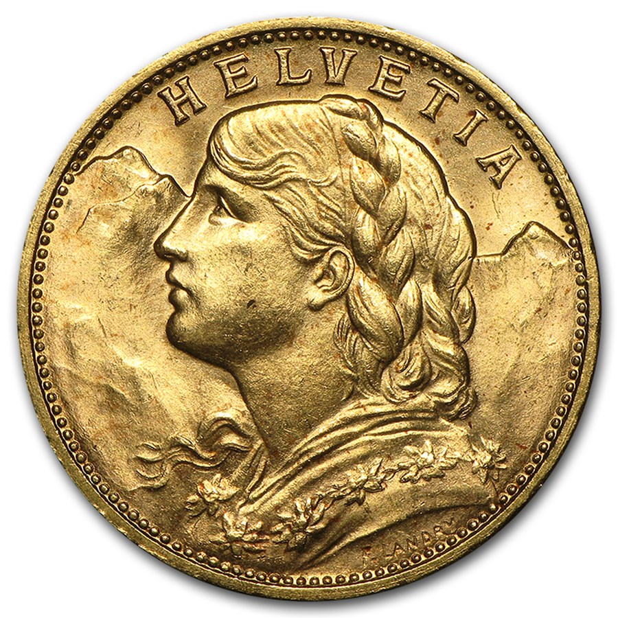 1897-1949 Swiss Gold 20 Francs Helvetia BU
