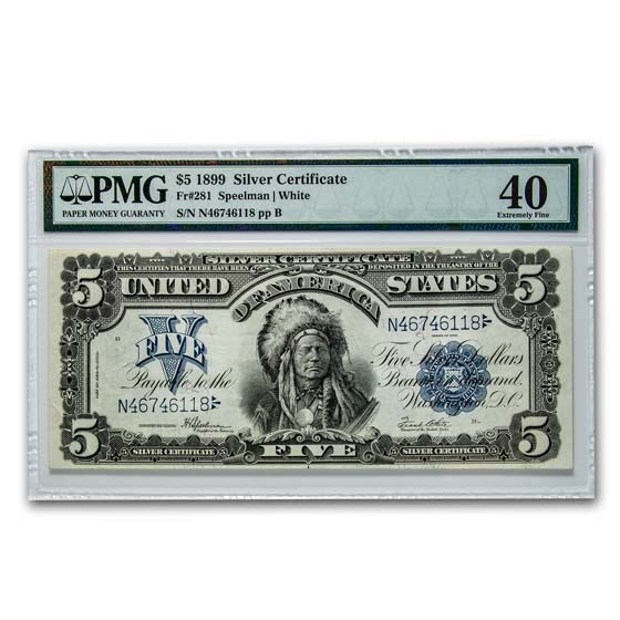 1899 $5.00 Silver Cert. Chief Running Antelope XF-40 PMG (Fr#281)