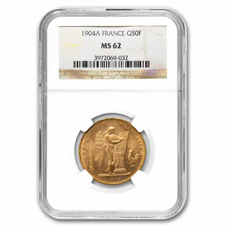 1904-A France Gold 50 Francs Angel MS-62 NGC