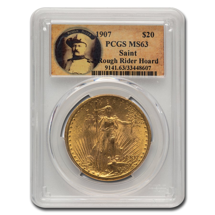1907 $20 St Gaudens Gold No Motto MS-63 PCGS (Rough Rider)