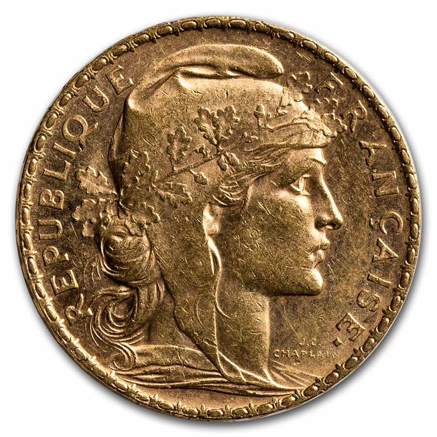 1907 France Gold 20 Francs Rooster AU