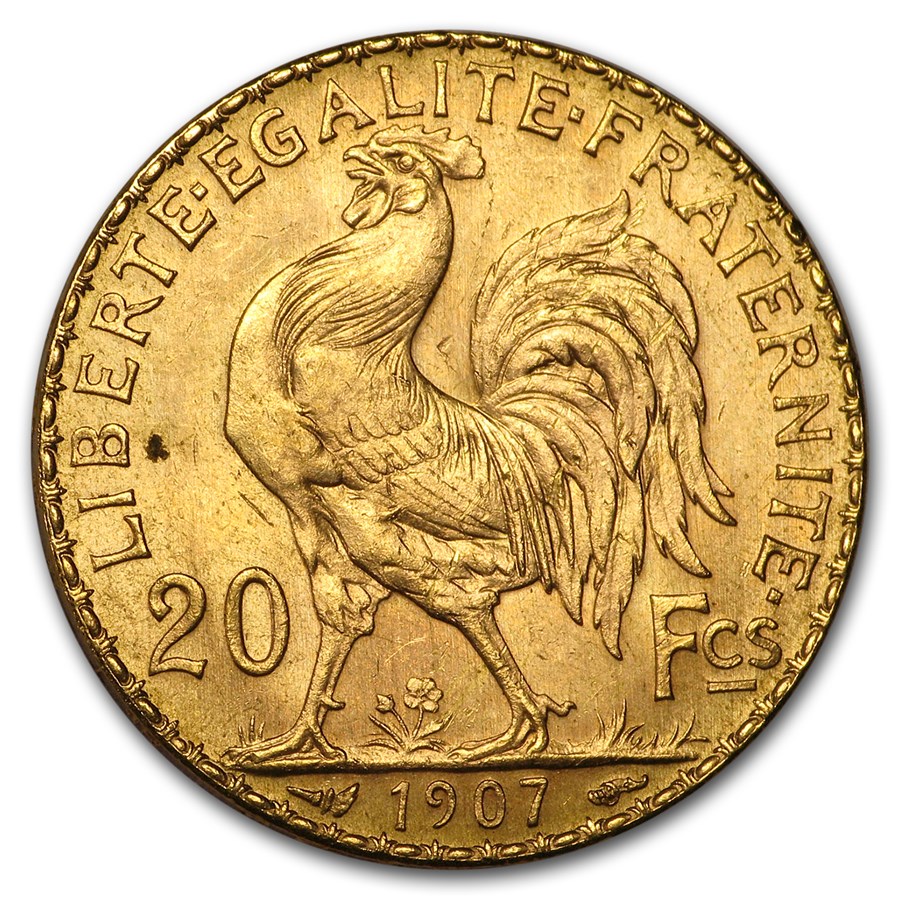 1907 France Gold 20 Francs Rooster BU