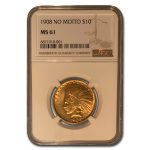 1908 $10 Indian Gold Eagle No Motto MS-61 NGC