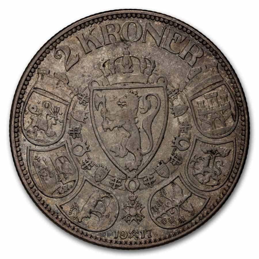 1908-1917 Norway Silver 2 Kroner Haakon VII Avg Circ