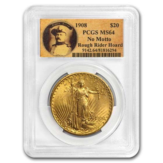 1908 $20 St Gaudens Gold No Motto MS-64 PCGS (Rough Rider)