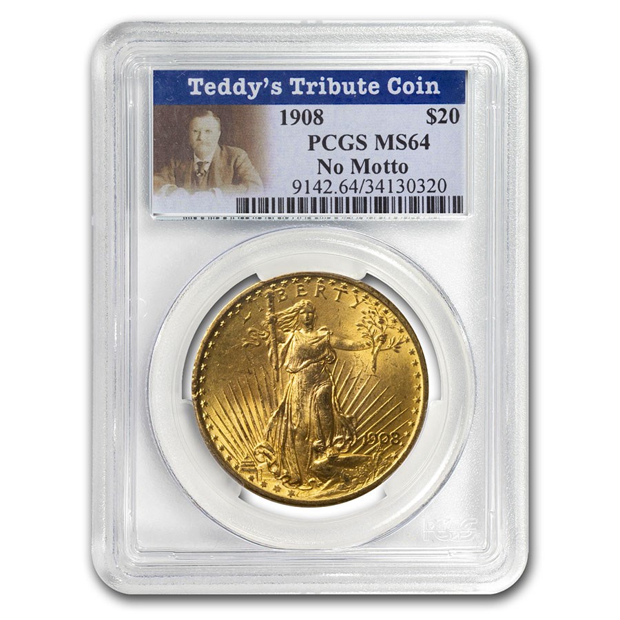 1908 $20 St Gaudens Gold No Motto MS-64 PCGS (Teddy's Tribute)