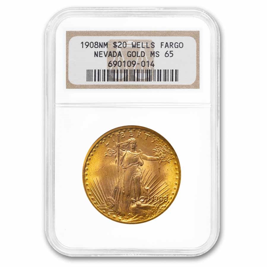 1908 $20 St Gaudens Gold No Motto MS-65 NGC (Wells Fargo)