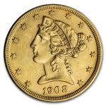 1908 $5 Liberty Gold Half Eagle AU