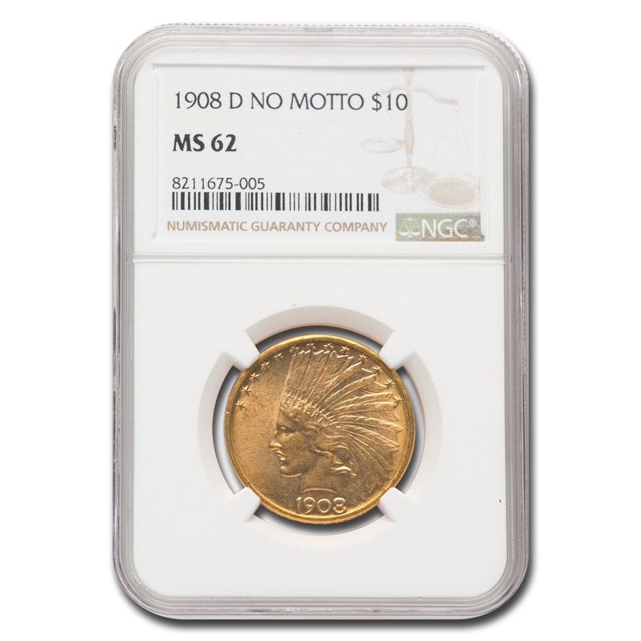 1908-D $10 Indian Gold Eagle No Motto MS-62 NGC