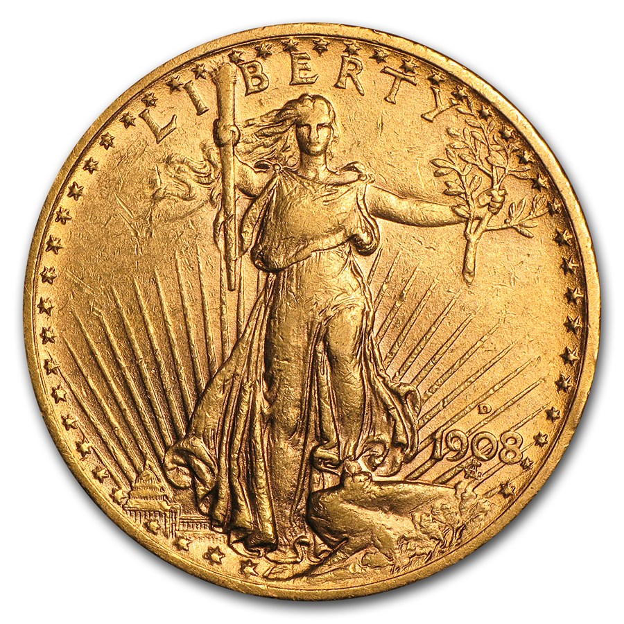 1908-D $20 St Gaudens Gold Double Eagle w/Motto XF