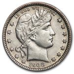 1908-D Barber Quarter AU