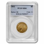 1911 $5 Indian Gold Half Eagle MS-61 PCGS