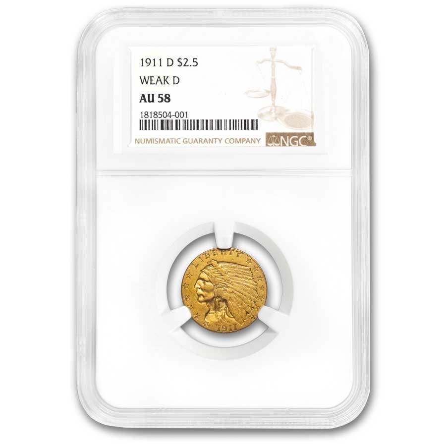1911-D $2.50 Indian Gold Quarter Eagle AU-58 NGC (Weak D)