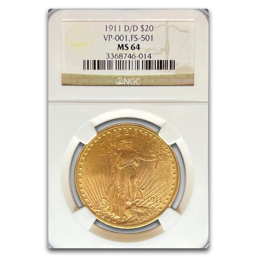 1911-D/D $20 St Gaudens Gold Double Eagle MS-64 NGC