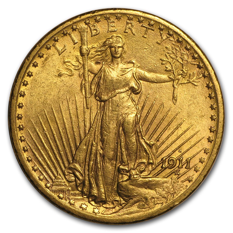 1911-S $20 St Gaudens Gold Double Eagle AU