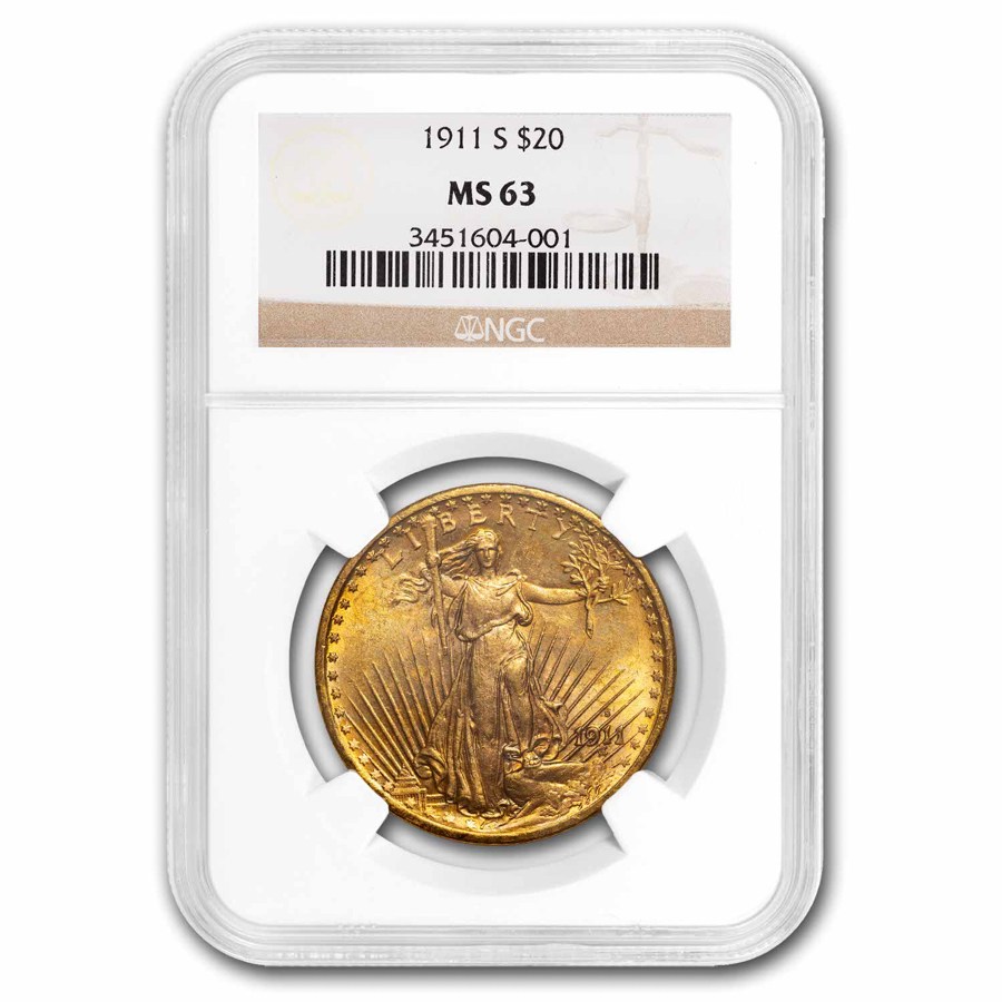 1911-S $20 St Gaudens Gold Double Eagle MS-63 NGC