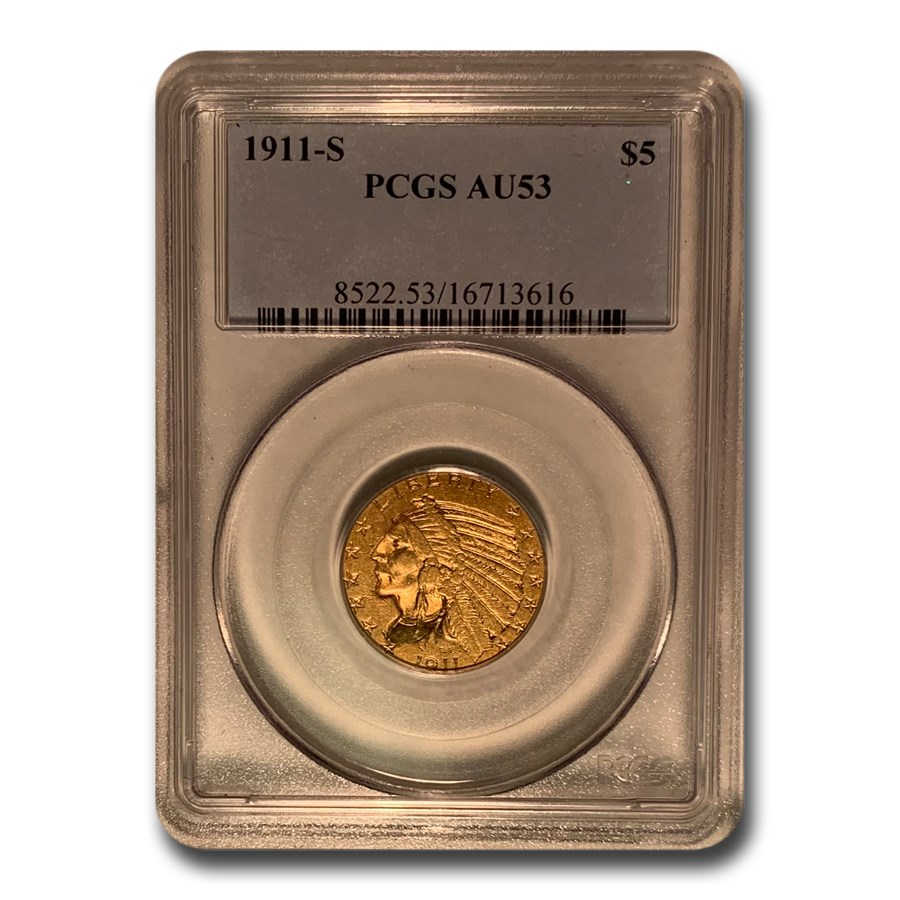 1911-S $5 Indian Gold Half Eagle AU-53 PCGS