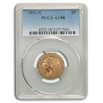1911-S $5 Indian Gold Half Eagle AU-58 PCGS