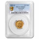 1911-S Australia Gold 1/2 Sovereign George V MS-63 PCGS